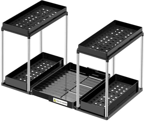 NIUXX 3-Pack Under Sink Organiser: 2-Tier Adjustable Pull-Out Storage for Kitchen & Bathroom - Expandable Shelf Fits 53.5–71cm Cupboards with Narrow Plumbing - Heavy Duty Sliding Drawer Rack
