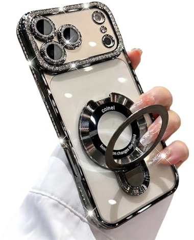 Emlivi Magnetic Case for iPhone 13, Galvanised Mobile Phone Case with Ring Stand, Glitter Rhinestone Camera Protection, TPU Case Cover, Transparent, Four Corners, Anti-Fall Protective Case for iPhone