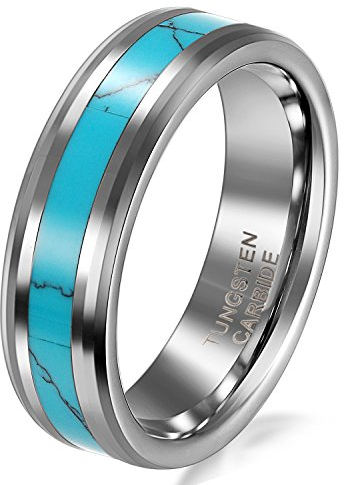 JewelryWe Schmuck Wolframcarbid Damen-Ring Synthetische Türkis Inlay 6mm Bandring Eheringe Verlobungsringe Größe 59