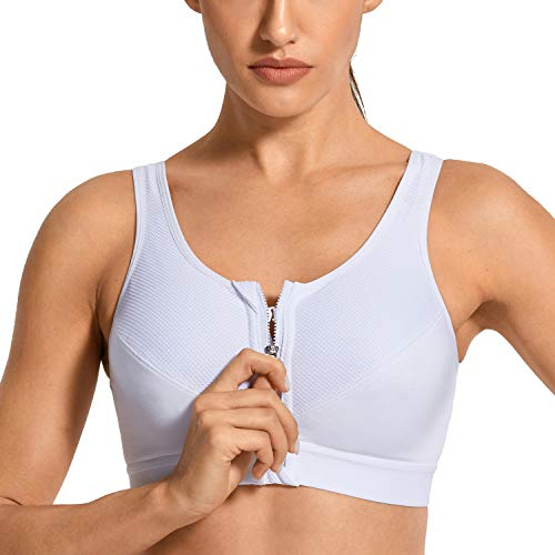SYROKAN Women's Sports Bra High Impact Front Fastening Zipper Wireless Post Surgery Support Workout Bra White 36DD
