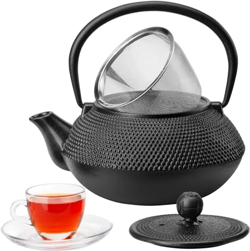 Vintage Gourmet ® Tetsubin Japanese Style Cast Iron Black Hobnail Teapot Set, Kettle 0.6L