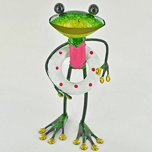 FABULOUS GREEN METAL GARDEN FROG WITH RUBBER RING SCULPTURE ORNAMENT FIGURE FROGS