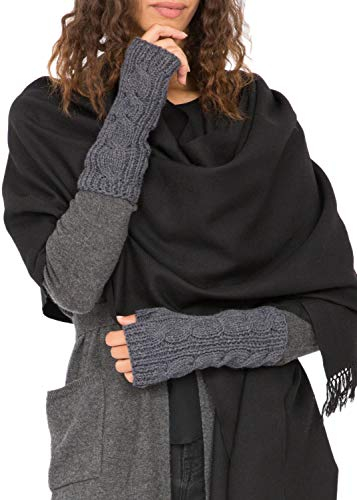likemary Winterhandschuhe Damen – Fingerlose Merinowolle Handschuhe – Warme Pulswärmer – Hypoallergen & Handgemacht – Ethische Zopfmuster Dunkelgrau