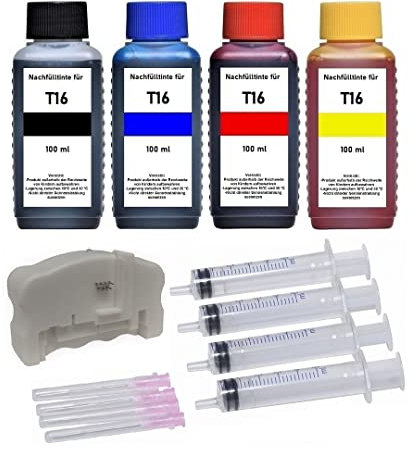 Patronenprofis Chipresetter + Nachfüllset 4 x 100 ml Nachfülltinten zum Befüllen der Druckerpatronen T16 XL Black, Cyan, Magenta, Yellow - T1621, T1622, T1623, T1624 und T1631, T1632, T1633, T1634