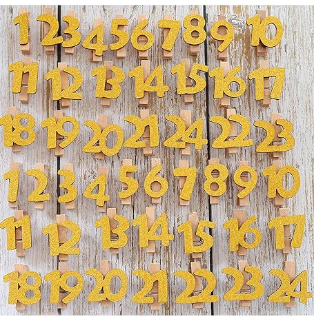 DAHI 2 sets Adventskalender Zahlen holz Holzklammern zum Adventskalender Zahlen Nummer 1-24 zum Weihnachtskalender selber basteln für Jutesäckchen, Anstecker Nadeln (wooden)