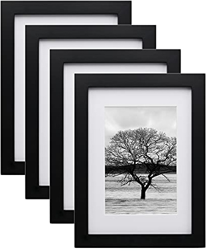 A5 Frame,A5 Picture Frame 100% Solid Wood Matted for 6x4, A5 Photo Frame with Plexiglass,14.8x21cm Picture Frame for Tabletop and Wall Mounting, Certificate Frame for Portrait, Set of 4, Black