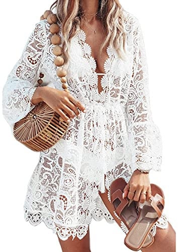Women Lace Floral Bikini Cover Ups V Neck Hollow Out Swimwear Tunic Beach Dress Summer Beachwear (White, Medium)