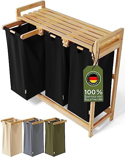 AMBIAVO® Wäschekorb 3 Fächer [schwarz, 100% Baumwolle, Bambus, 90 l Volumen] | Wäschesammler für Schmutzwäsche| Wäsche Sortiersystem | Wäschesortierer Holz | Wäschebox | laundry baskets