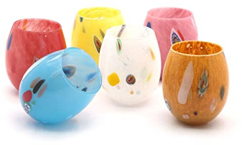 SWEET HOME Set 6 Bicchieri acqua Murano in vetro colori assortiti con murrine CL 35 cod.BC02702LU cm 10,2h diam.9 by Varotto & Co.