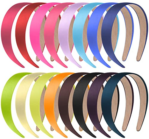 anezus 16 Pcs Satin Headbands Bulk 1 Inch Anti-slip Ribbon Hair Bands Plain Hard Headbands for Women Girls DIY Craft Hair Accessories (Multicolor)