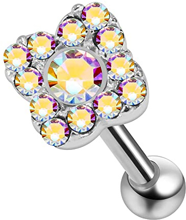AZARIO LONDON Sparking Square Flower 925 Sterling Silver Cartilage Earrings- Tragus Ring/Conch Piercing Stud/Helix Earring- Silver Barbell Stud - 16 Gauge Stud - Sold by Piece