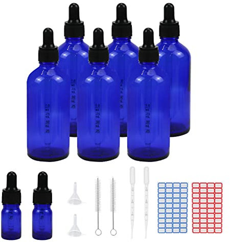 Episkey 6 Stück 100ml Pipettenflasche, Tropfflasche Blaue Glasflaschen Set inkl. 5ml mit schwarzer Pipettenkappe und Hilfszubehör für Ätherische Öle Parfüm DIY-Probenmischungen (Blau, 100ml)