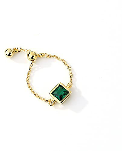 CZ Link Chain Ring with Dangle Beaded Ball 18K Gold Plated Adjustable Tail Finger Band Birthstone Stacking Eternity Promise Ring Tassel Charm Rings Fashion Jewelry Gifts for Women Girls BFF (Green)