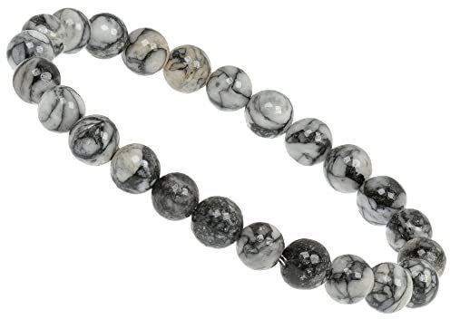 ELEDORO PowerBead Bracelet stretch pour femme en perles de pierres précieuses 8 mm Pinolite Fleur de glace magnesite, 17-18 cm, pierre précieuse, silicone, Pinolite