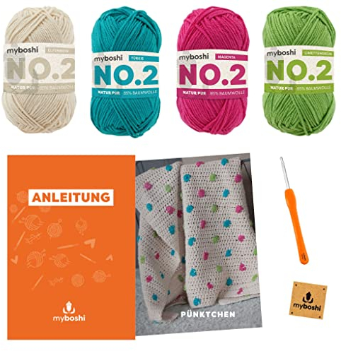 myboshi Häkelset Babydecke Pünktchen für Anfänger, inkl. No.2 Wolle, Nadel und Anleitung, für Babys und Amigurumi, Häkelpaket, 85% Baumwolle, 15% Kapok Beige mit Häkelnadel
