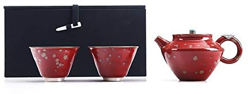 Silver Kiln Rote Glasur, versilbertes tragbares Reise-Teeservice-Set mit silbernen Schnelltassen, Einer Kanne und Zwei Tassen (stumpffrei)