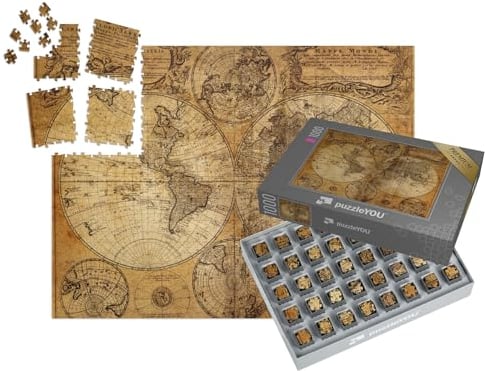 puzzleYOU: SMART Sorted® | Puzzle 1000 Teile leicht gemacht „Alte Weltkarte aus dem Jahr 1746, vergilbtes Papier“ – aus der Puzzle-Kollektion Vintage