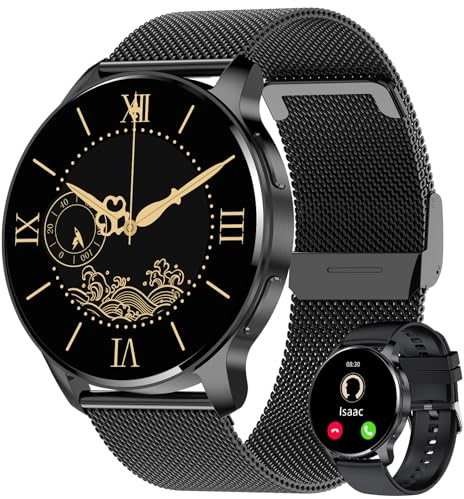 JUBUNRER Smartwatch Damen Herren Telefonfunktion 1,34 HD Touchscreen Rund Wasserdicht Fitnessuhr Herzfrequenz Schlafüberwachung Schrittzähler Menstruationszyklus IOS Android Geschenke [2 Armbänder]