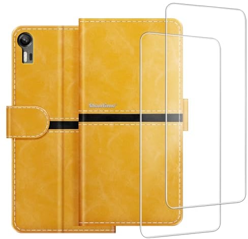 ESACMOT Phone Case Compatible with Lenovo Vibe Shot + [2 Pack] Screen Protector Glass Film, Premium Leather Magnetic Protective Case Cover for Lenovo Vibe Max (5 inches) Gold