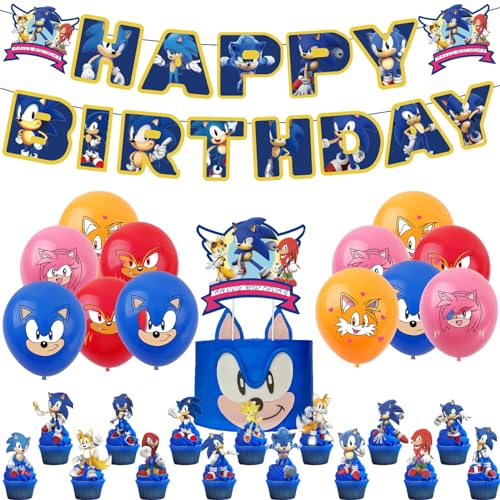Sonic Birthday Party Decorations, Sonic theme birthday Supplies- 2Pcs Birthday Banners,12Pcs Latex Balloons, 24Pcs Cake Toppers for Boys Kids Superstars Themed Party