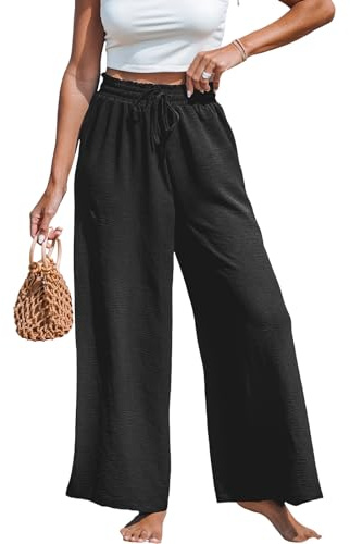 CUPSHE Women Trousers Drawstring Wide Leg High Waist Casual Beach Lightweight Summer Trousers, Black, L