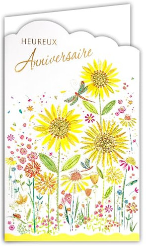 15-6504 Carte avec Porte-Billet intérieur et Enveloppe Heureux Anniversaire pour Fille Femme Bouquet de Fleurs des Champs Tournesols Jaunes Champêtre Libellules Crayons de couleur - Fabriqué en Europe