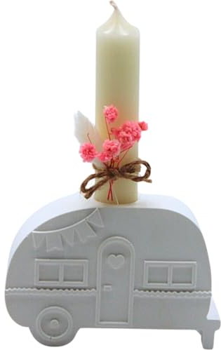 Dekohelden24 - Handmade - Collection, Keramik Campingwagen, Camper mit Stabkerze, Kerzenständer als Campingwagen, Made In Germany, L/B/H 11 x 3 x 17 cm.