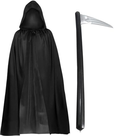 FUIPVGI 2 Pezzi Costume da Triste Mietitore,Mantello Nero con Cappuccio Lungo 140 cm Falce Gonfiabile,Misteriosi Costumi da Mietitore Horror per Halloween Vestire per Bambini Adulti Halloween (Nero)
