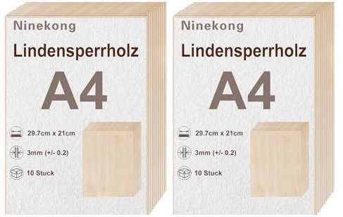20 Stück Lindenholzplatte A4,sperrholzplatte 3mm,297x210mm Bastelbrett,Pappel-Sandwich, Lindensperrholz, geeignet zum Laserschneiden und Gravieren, Dekupiersäge, Brandmalerei, CNC-Fräsmaschine