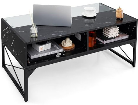 LIFEZEAL Couchtisch mit LED, Wohnzimmertisch Hochglanz mit Stauraum, Sofatisch Glas mit Marmor Optik, Moderner Glatisch mit verstellbaren Farben, 105 x 55 x 50 cm (Schwarz)