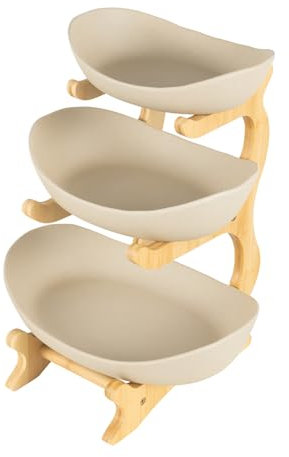 Chynalys 3 Tiered Ceramic Large Fruit Bowl With Natural Wooden Bamboo Stand for Kitchens - White Bowl for Fruit, Veg, Snacks, Dessert (Brown, Earthy Color)