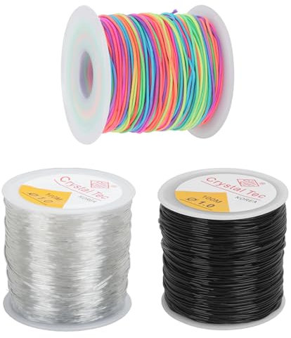KINDPMA 3pcs Filo Elastico per Braccialetti Resistente 1mm Filo Nylon Trasparente Filo per Collane Fai da Te Filo per Perline per Fabbricazione di Collane, Artigianato e Gioielli, Nero Bianco Colorato