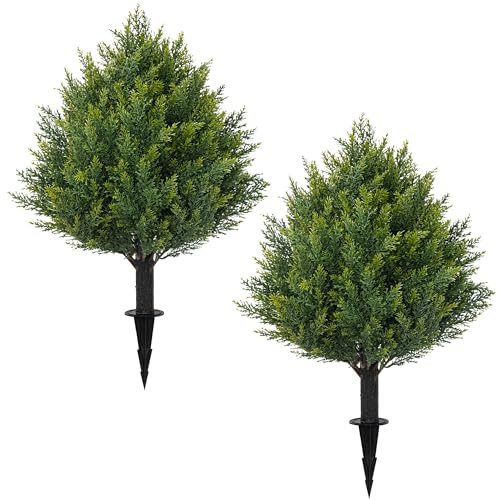 24.8 Artificial Cedar Topiary Ball Trees with Ground Spike, Set of 2 Faux Cypress Plants UV Resistant Artificial Pine Shrubs Fake Bushes for Outdoor Indoor Front Porch Garden