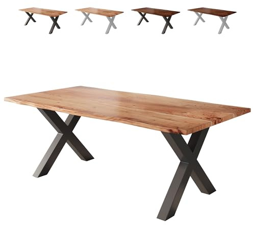Loreno Esstisch 200×100×77cm Vento Akazie Natur – X-Gestell Schwarz | Massiver Akazienholztisch naturfarben mit 26mm starker Tischplatte – Perfekt für Esszimmer und Küche