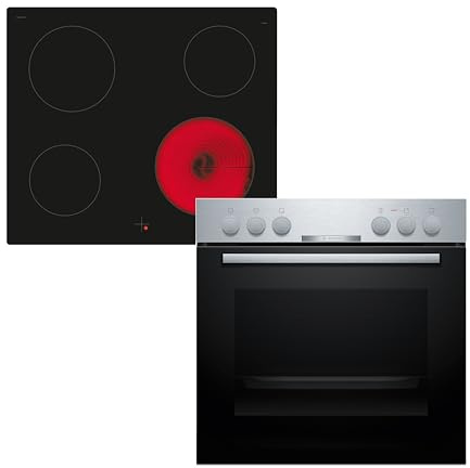 Bosch HND210CS63, Einbau-Herd-Set, Einbau-Herd 60 cm, HEA510BS3, Serie 2, 3D-Heißluft, Versenkknebel, Edelstahl & Elektro-kochfeld 60 cm, NKE611GA2E, Serie 4, Herdgesteuert, Rahmenlos
