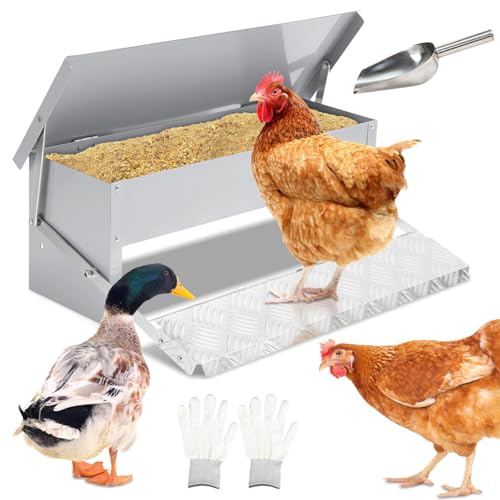 Peviasot automatisk matare, fodertråg med automatisk pedal och vattentät lock, 1x kycklingmatare, 5 kg automatisk matare med musskydd (handskar + sked i rostfritt stål), galvaniserad