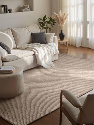Elle Decoration Lyon - Wollteppich Beans, Natürlich & Handgemacht, Wohnzimmerteppich Wolle im Skandi Loop Design, Einfarbiger Naturteppich mit Perlenstruktur - Natur Beige, 200x290 cm