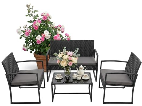 Relaxdays Gartenmöbel Set, 4-TLG. Rattan Sitzgruppe, 4 Personen, Bank, Stühle & Glastisch, Loungemöbel, Outdoor, schwarz