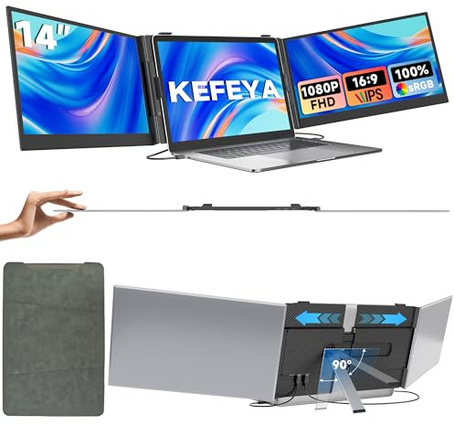 KEFEYA Monitor Portatile 14” Triplo Schermo Pc Portatile FHD 1080p con copertura sRGB al 100%, Estensore per Pc Portatile per Laptop da 13–17,3, Plug & Play per Windows/Mac/Android/Switch/PS5