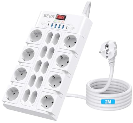 BEVA 18 Fach Steckdosenleiste 3680W/16A, Mehrfachsteckdose mit USB,2M Kabel | 2100J Steckdosenleiste Überspannungsschutz ,Mehrfachstecker mit Schalter und 2 USB-C (15W)+4 USB-A, für Büro und zu Hause