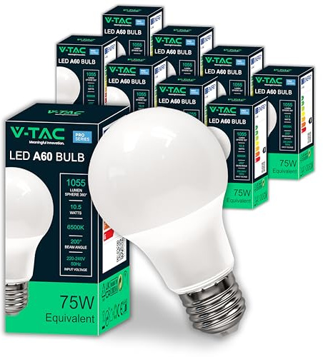 V-TAC 10x LED Glühbirne E27-10,5W - [ HOHE HELLIGKEIT ] – A60 – (Entsprechen 75W) – LED-Lampen der Neuen Generation mit Energieeinsparung – 1055 Lumen – Licht 6500K Kaltweiß