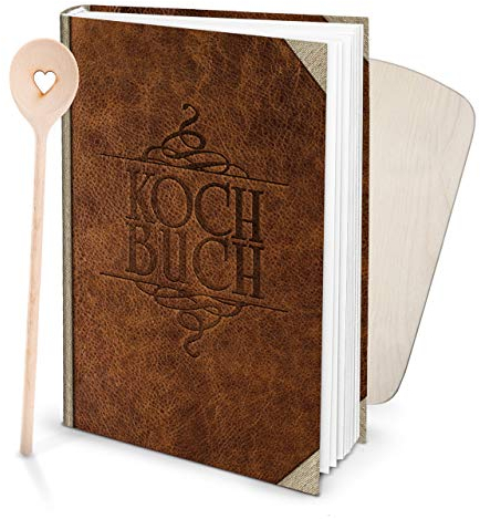 Logbuch-Verlag Set großes Rezeptbuch in Lederoptik zum Selberschreiben DIN A4 + Kochlöffel + kleines Holzbrett für die Küche - Geschenkidee Weihnachten