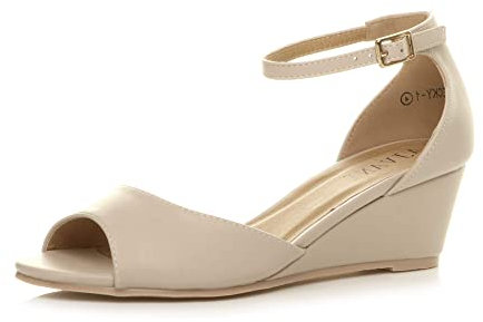 Womens Ladies Low mid Wedge Heel Ankle Strap Casual Evening Sandals, Nude Matte, 6 UK