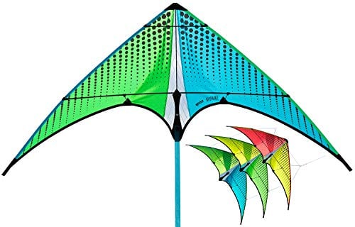Prism Kite Technology Unisex – Erwachsene NEUG Neutrino Dual Line Mini Sport Kite Ready to Fly mit Leine, Doppelzweck Wickler, Streamer Tail und Travel Sleeve, grün/blau, 100 cm