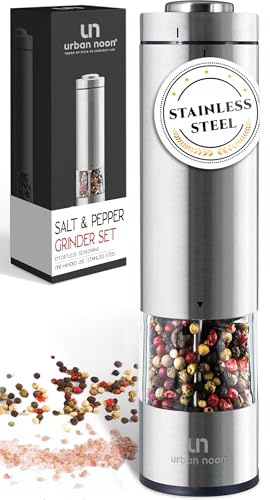Electric Pepper Grinder or Salt Grinder - Battery Operated Stainless Steel Pepper Mill with Light - One Handed Operation - Adjustable Ceramic Grinders