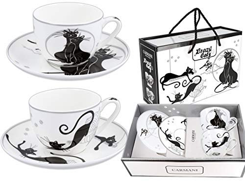 Carmani - Juego de 2 tazas de té y platillo con diseño de gatos locos (200 ml)