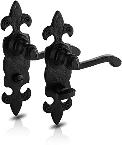 XFORT® Black Antique Fleur De Lys Bathroom Handles, Rustic Fleur De Lys Door Furniture Set