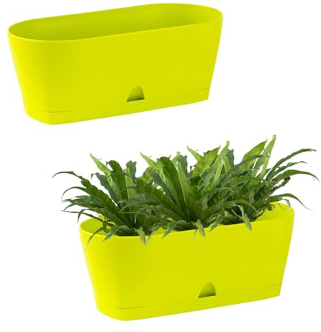 Engelland - 2 x Blumenkasten mit Untersetzer, Grün, Balkonkasten, Pflanztopf, 25 cm, Tischdeko, für Garten, Terrasse, Fensterbank, mit Wasserauffangschale, Innen- & Außenbereich, 1,7 Liter