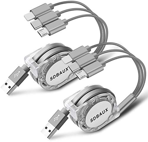 Multi Charger Cable 1M/3A/2Pack, SDBAUX Universal Charge 3 in 1 Retractable USB Fast Charging Cord Lead with iP Micro USB Type C Port, for Samsung Galaxy S22 S20 S10 S9, Sony, Moto, LG, Huawei, Xiaomi