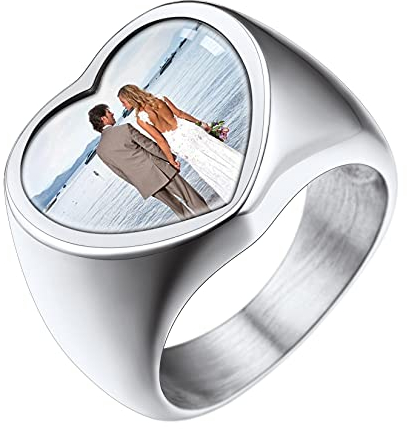 U7 Siegelring für Herren Ringe mit Gravur Herz Ringe mit Foto Ring Herren Edelstahl Fingerring mit Bilder Statement Ring Memorial Bandring Solitär Ehebandring Personalisiert Modeschmuck für Sohn